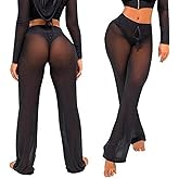 HUDFERG Womens See Through Sheer Mesh Chiffon Beach Pants Wide Leg High Waist Flared Bikini Bottom Cover-Ups