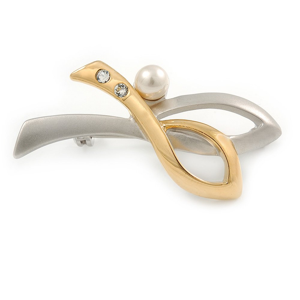 Two Tone Double Abstract Crystal with Faux Pearl Leaf Brooch - 45mm L