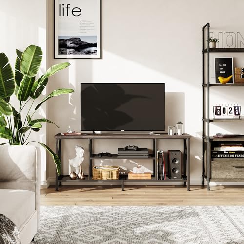 SKY-TOUCH Modern TV Stand: 3-Tier Open Storage Shelves, 140*40*43 CM, Grey Oak Wood