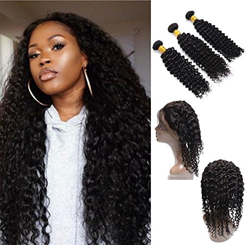 360 Lace Frontal With Bundles Pre Plucked Deep Wave Brazilian Virgin Hair 360 Frontal for Black Women 9A Deep Curly Lace Frontal With 3 bundles (10 12 14 with 10, natural color/1b)