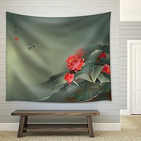 Vector Illustration of Lotus Flower and Dragonfly in Traditional Japanese Painting Style - Fabric Wall Tapestry Home Decor - 51x60 inches