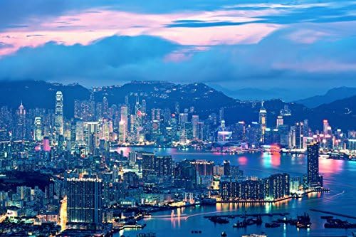 Hong kong night lights (P-001103) - Nature Poster Canvas Art Print (36x24inch)