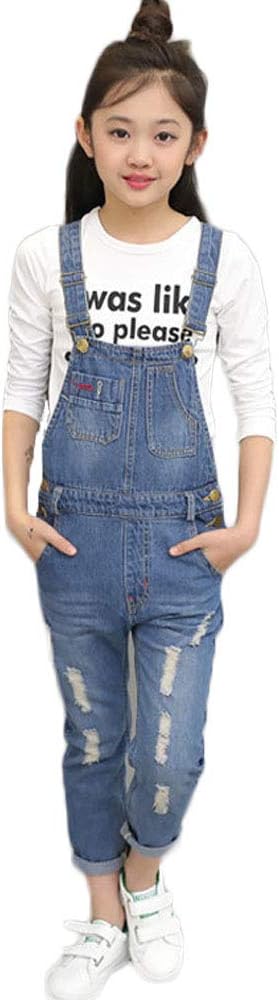 Big Girls Kids One Piece Classic Distressed Denim Suspender Bib Overalls Jeans Strecthy Ripped Jeans Romper Jumpsuit