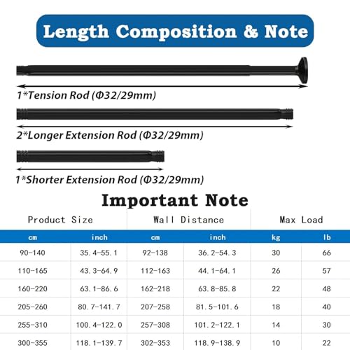 Extra Length Telescopic Curtain Rod, 3M Telescopic Curtain Rod, Telescopic Tension Rod for Bathroom, Bedroom (190-360cm, Diameter 32mm)