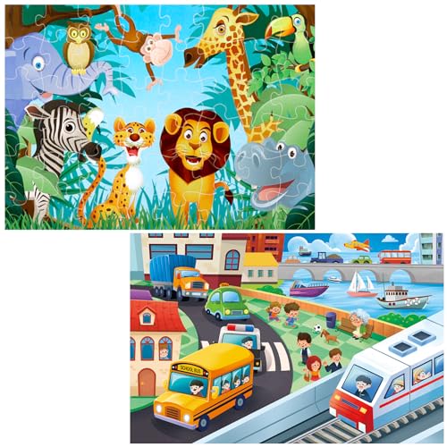 Jumbo Floor Puzzle for Kids Animal City Transportation Jigsaw Large Puzzles 48 Piece Ages 3-6 for Toddler Children Learning Preschool Educational Intellectual Development Toys 4-8 Years Old
