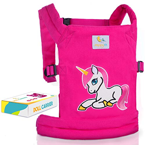 HappyVk- Baby Doll Carrier for Kids- with Cute Unicorn Embroidery. Fits Dolls or Stuffed Animals up to 24 inches, Front and Back (as Backpack Carrier) Positions Wearing