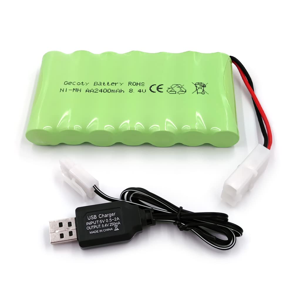 Gecoty® 8.4V Battery Pack, High Capacity 2400mAh Ni-MH Battery,Rechargeable AA Batteries with USB Charge Cable, KET 2P Plug for RC Car, RC Tank, RC Boat, Lighting, Power Tools, Household Appliances
