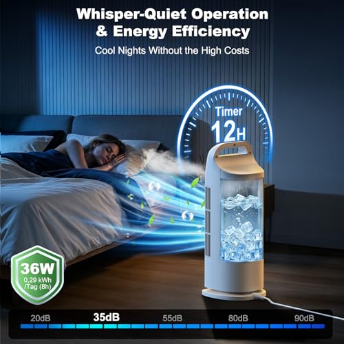 Portable Air Cooler, 4 in 1 Air Conditioner 1200ML Evaporative Air Cooler with Remote Control, 120° Oscillating 4 Speeds 12H Timer Mist Spray Tower Fan for Home Office（White）