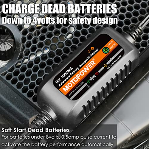 MOTOPOWER MP00205B 12V 1000mA Fully Automatic Battery Charger/Maintainer - Black