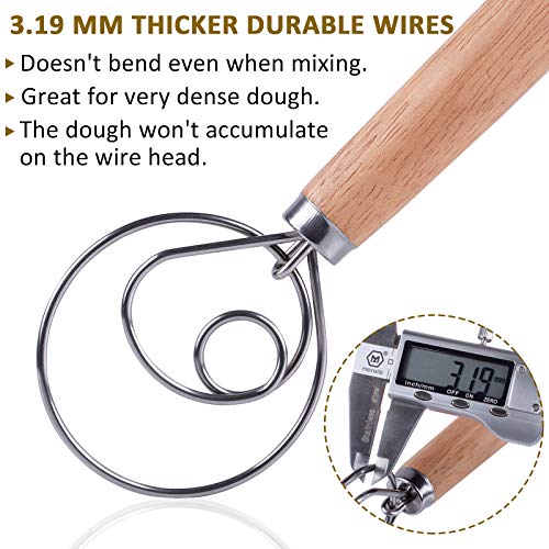 Danish Dough Whisk Original Dutch Style Bread Dough Hand Mixer Blender Admixer Professional 13" Stainless Steel Hook whisks Large Comfort Grip Wooden Handle for Pastry Cake Pizza (2 Pack)