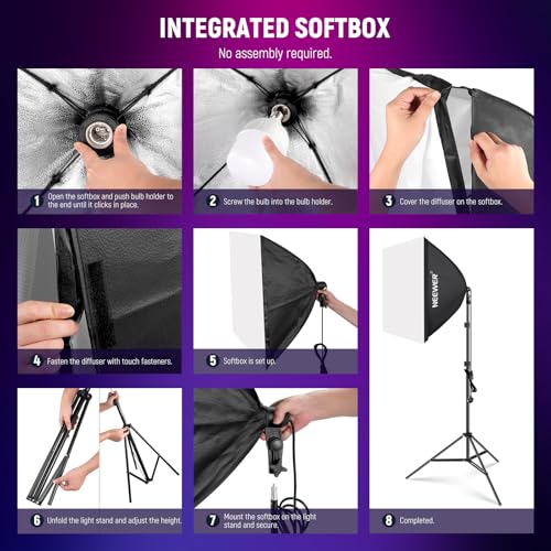 Neewer RGB Softbox Lighting Kit with App Control & 9 Effect Modes, 2 Pack 24W CE/UKCA Certified LED Bulbs CRI93+ TLCI98+, E27 Porcelain Sockets, 24" Softboxes, for Studio Photography Lighting, NK800