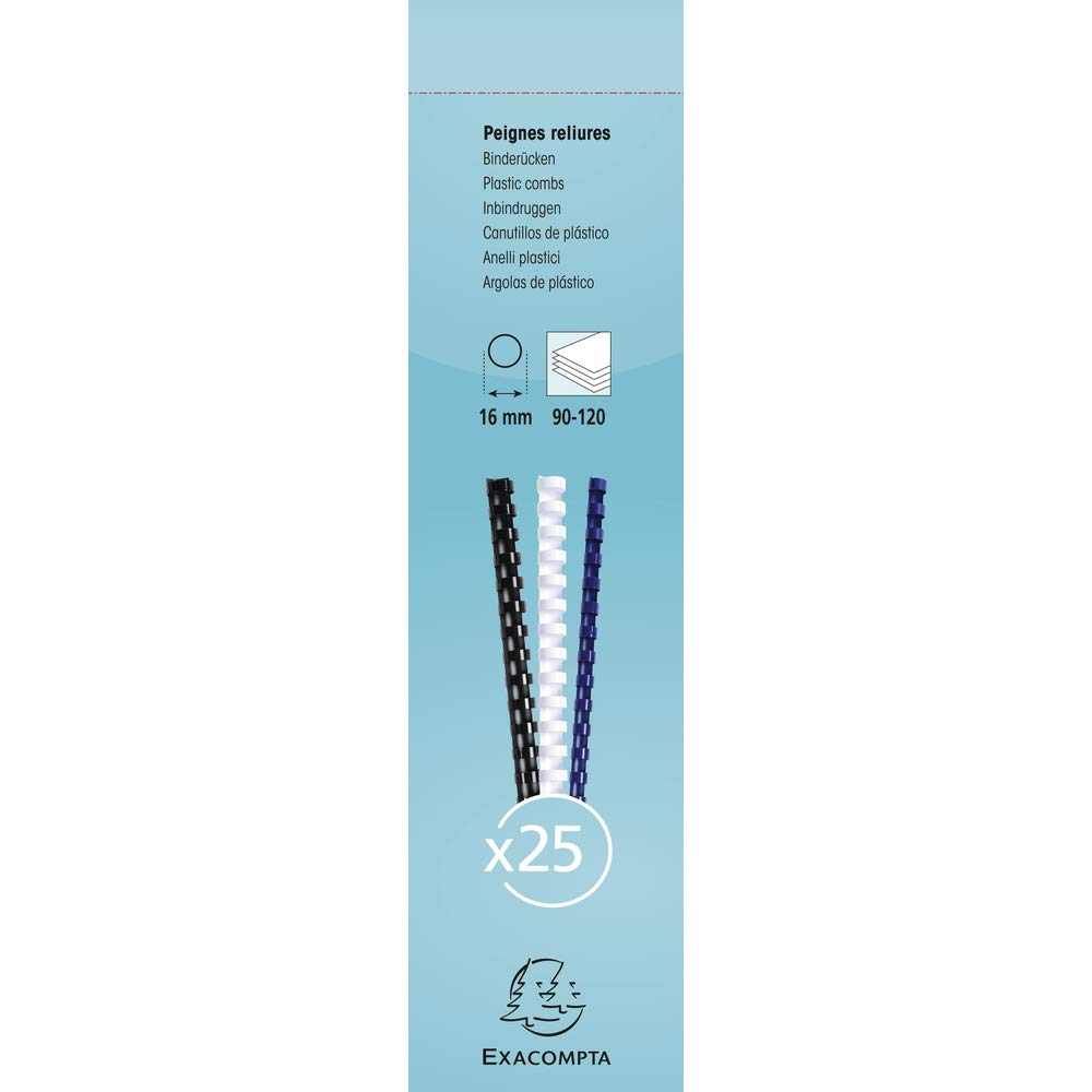 Exacompta - Ref 76501E - Binding Combs - 16mm Thick, 21 Rings, Suitable for A4 Documents, Holds Approx. 90-100 Sheets, Made from PVC Material - Black (Pack of 25)