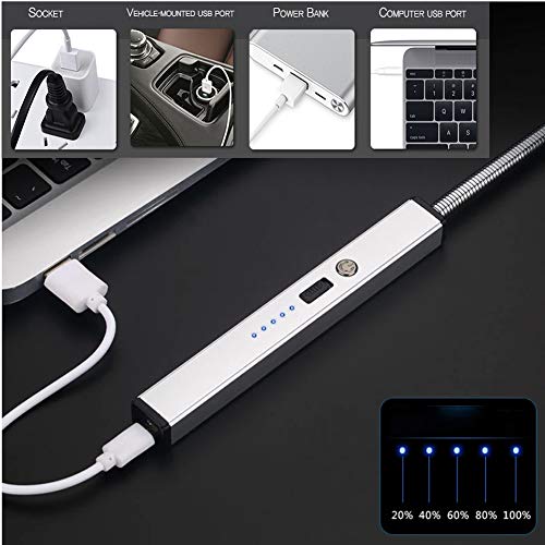 Lighters, Upgraded Candle Lighter USB Electric Plasma Lighters Long Rechargeable Flexible Flamless Windproof for Candles, Camping, Stove, Fireworks, Charcoal Grill, BBQ,etc (Gray)