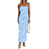 Muchpow Women's Strapless Ruffle Dress Midi Elegant Summer Bodycon Stretchy Mesh Ruched Party Cocktail Dresses