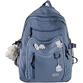 GAXOS Cute Aesthetic Backpack for School Middle Student Travel Blue Backpack Teens Girls Bear Pin Book Bags