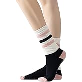 Yoga Pilates Socks with Grips for Women Non Slip Striped Cushioned Crew Socks for Barre Ballet Dance