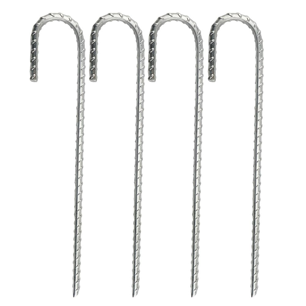 Ground Stakes Rebar Heavy Duty Tent Pegs 4 Pack, Garden Stake Pegs Galvanized Steel J Hooks Ground Anchors, Camping Pegs for Camping Tents Trampolines Canopies Swing Set Football Nets