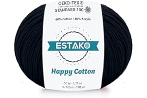 Estako Happy Cotton, 60% Cotton 40% Acrylic Yarn, Soft, Fine/Sport (2) for Crochet and Knitting 1.76 Oz (50g) / 180 Yrds (165m) (4810 - Black)