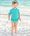 RuffleButts® Baby/Toddler Girls Rash Guard 2-Piece Swimsuit Set - Aqua Polka Dot Bikini with UPF 50+ Sun Protection - 12-18m