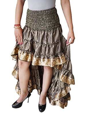 Womens Hi Low Skirt Vintage Recycled Sari Cherished Cheer Full Flare Tiered Ruffle Flirty Skirts S/M