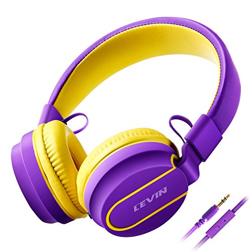 Over Ear Headsets Headphones with Microphone - Adjustable Foldable Wired Stereo Hi-Fi Lightweight Headphones for Kids/Teens/Adults (Purple/Yellow)