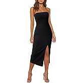 LYANER Women's Sleeveless Strapless Ribbed Tube Side Slit Bodycon Party Midi Dress