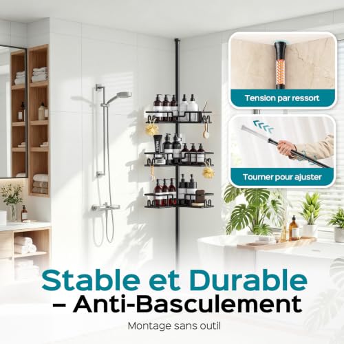 HAMITOR Shower Shelf No Drilling, Telescopic Corner Shelf, Bathroom, Ideal for Small Bathrooms & Tenants, 4-Tier Rustproof Metal Shelf with Large Capacity for Whole Family, Adjustable Length, 119-312