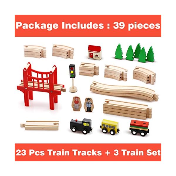 Tiny Land 39 Pcs Holzeisenbahn und Züge Pack Eisenbahn Anfängerset Kompatibel mit Thomas Passend für Eichhorn Zugset Kleinkinderspielzeug empfohlen ab 3 Jahren – Bild 3