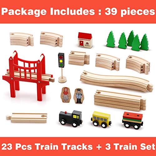 Tiny Land 39 Pcs Holzeisenbahn und Züge Pack Eisenbahn Anfängerset Kompatibel mit Thomas Passend für Eichhorn Zugset Kleinkinderspielzeug empfohlen ab 3 Jahren – Bild 3