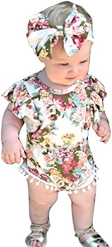 Girls Romper &amp; Headband Outfit - Boutique Kids Toddler &amp; Newborn Baby Girl Clothes (3-6 Months, White Floral)