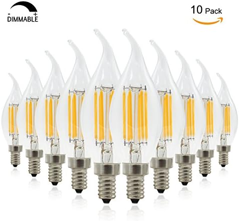 Dimmable Edison LED Filament Bulbs E12 Candelabra Base, 6W (60W Equivalent) C35 Flame Tip Light Bulb 2700K Warm White Chandelier Decorative Classic Glass Lamp, 10-Pack