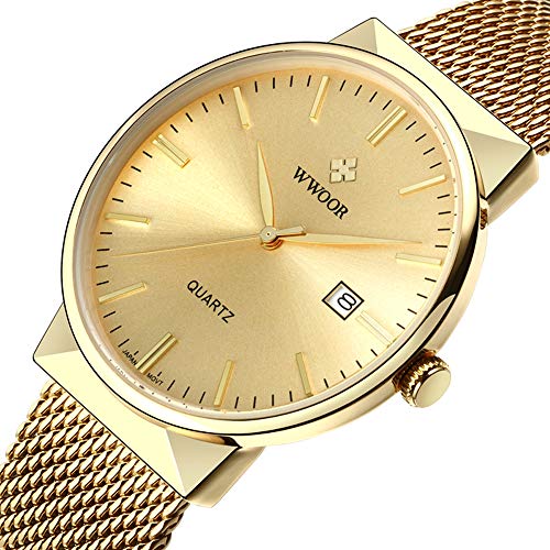 WWOOR Men's Fashion Wristwatch Analog Quartz Watches Stainless Steel Watch Mesh Band Watch Waterproof Watch Casual Watch Men (Gold)