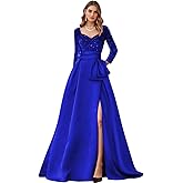 Hiclein Long Sleeve Formal Prom Dresses Sequin Satin Ball Gowns with Slit Square Neck A Line Evening Gown with Pockets