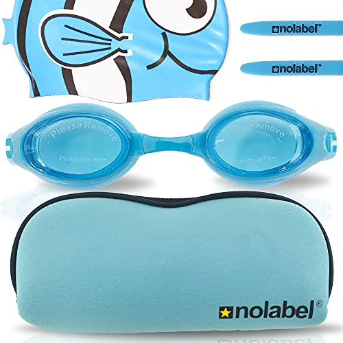 NO LABEL Kids Swimming Goggles - Blue Kids Goggles - Childrens Swimming Goggles Kids - Boys Swimming Goggles - Girls Swimming Goggles - FREE Neoprene Swimming Goggles Case and Fish Swim Cap — image 1