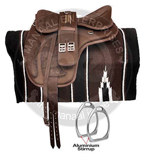 Manaal Enterprises Synthetic Treeless FREEMAX English Horse Saddles Tack, Free Matching Girth, Leather Straps, Aluminium Stirrup, Navajo Saddle Pad, Size 14 to 18 Inch (17″ Inches Seat, Brown)