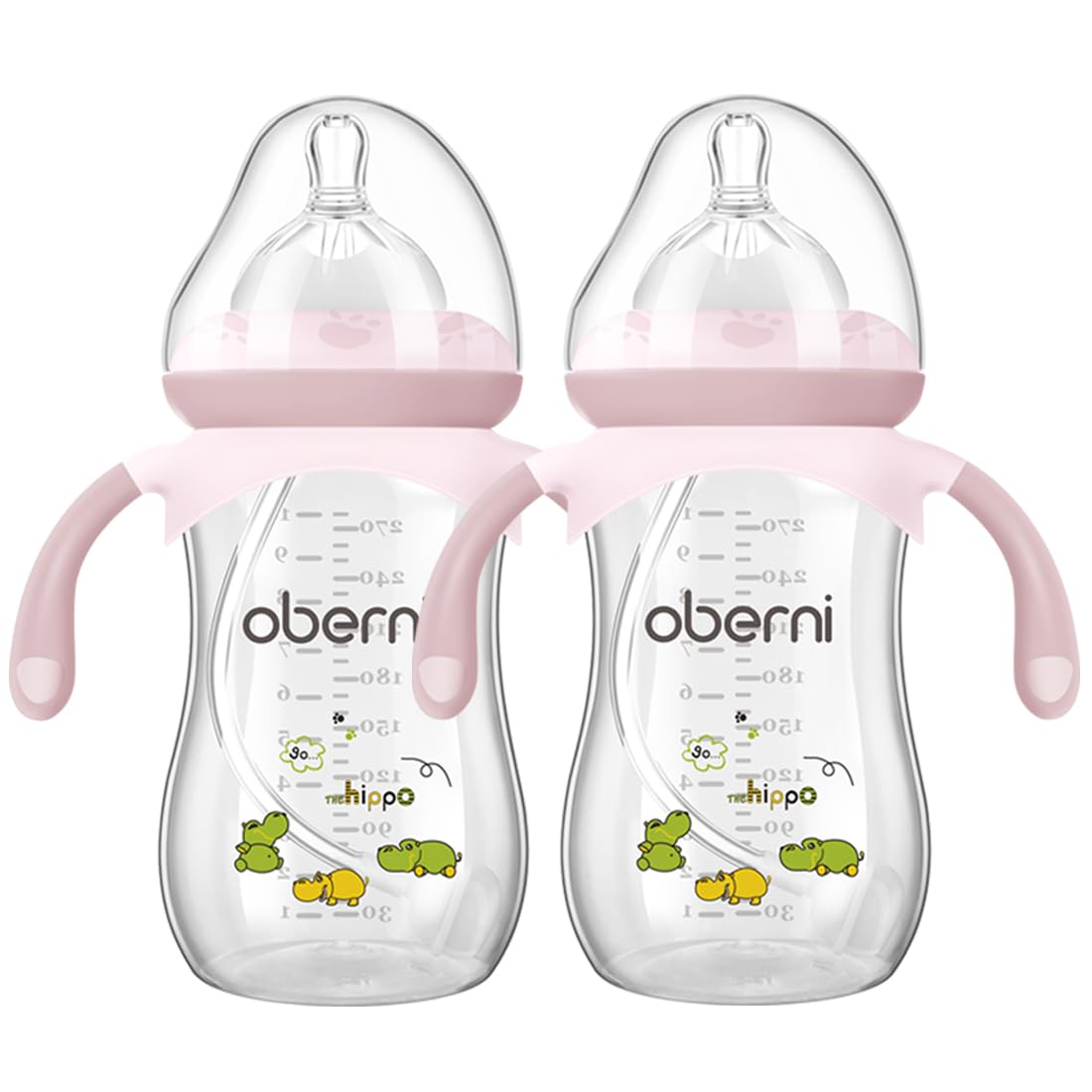 Oberni Anti-Colic Baby Bottle with Size 4 Breast-Like Teat, Non-Slip Handles, Weighted Straw for 12 Months Newborn Babies, 270ml/9oz/Pink/2Pack