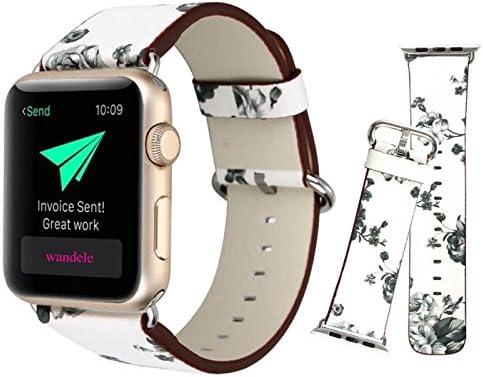 Wandele for Apple Watch Band 42mm S/M Soft PU Leather Flower Prints Bracelet Strap Wrist Bands Belt Replacement With Stainless Adapter for All Models Series 2 Series 1 Nike+ Sport Edition(4# 42mm)))
