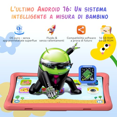 10 Inch Children's Tablet, Android 16 Tablet for Children 3-12 Years, 16GB RAM(4+12) + 64GB ROM, Parent Control, GMS, 5000mAh, WiFi6, WidevineL1, with Anti-Drop Case and Pen, 4 Year Warranty