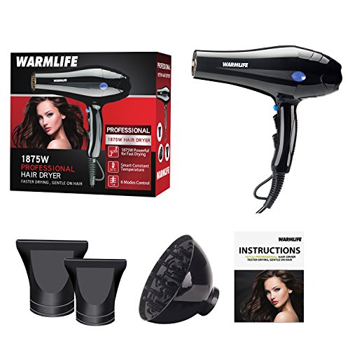 Warmlife 1875W heavy duty hair dryer Professional AC Motor Hair Dryer, Negative Ions Ceramic Ionic Blow Dryer Cold Shot Button, with Concentrator & Diffuser (Black)
