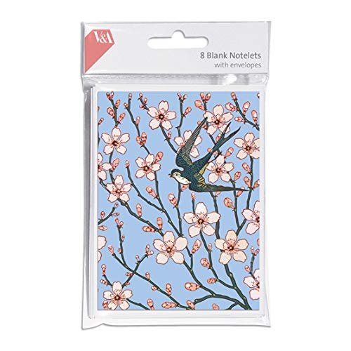 V&A Pack of 8 Blank Notelets with Envelopes (MG-SOC 163) - Almond Blossom and Swallow Wallpaper Frieze by Walter Crane - From The Victoria & Albert Collection