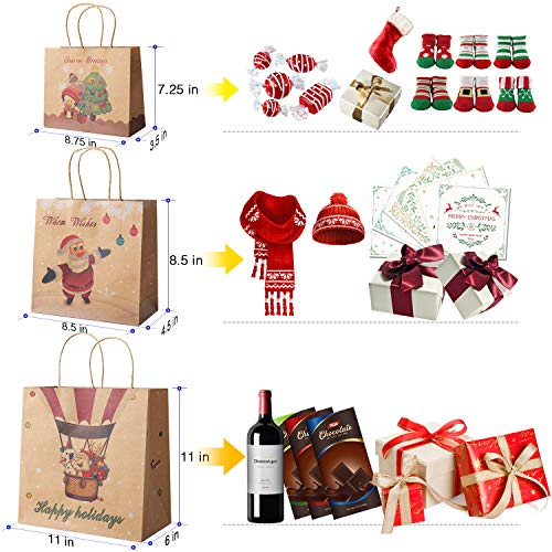 Christmas Gift Bags Bulk Set - 24 Count Kraft Gift Bags with Assorted Christmas Prints, Christmas Goody Bags with Handles for Xmas Gift Wrapping, Classrooms & Party