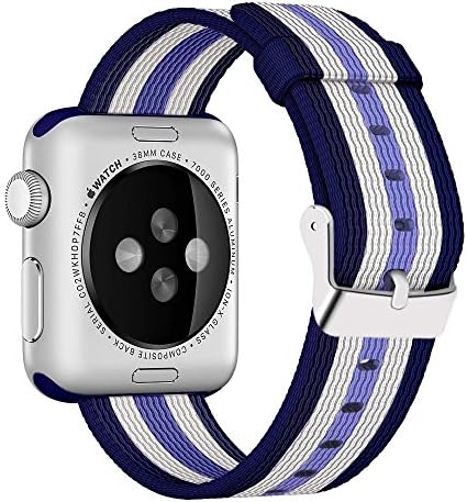 Yichan Woven Nylon Fabric Wrist Strap Replacement Band with Classic Square Stainless Steel Buckle for Apple iWatch Series 1 / 2 / 3,Sport &amp; Edition,42mm,Lilac White Darkblue Stripes