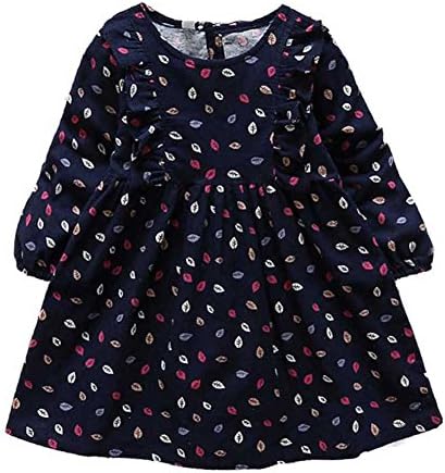 Bestime Fall Girl's Dress Cotton Long Sleeve Floral Printed Ruffles Children Dress (6 years, Navy leaf)