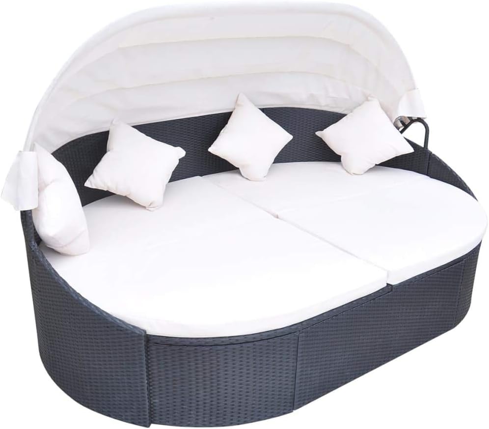 Unfade Memory Outdoor Daybed Lounge Bed with Canopy PE Rattan Patio Sunbed Sectional Sofa Seat for Lawn Garden Backyard Porch Pool