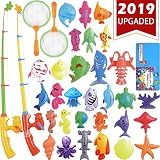 CozyBomB Magnetic Fishing Toys Game Set for Kids Water Table Bathtub Kiddie Pool Party with Pole Rod Net, Plastic Floating Fish-Toddler Color Ocean Sea Animals Age 3 4 5 6 Year Old (Large)