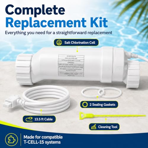 T-15 Salt Cell Replacement Compatible with AquaRite Saltwater Systems, Premium Water Clarifier Cell for Inground Pools up to 40,000 Gallons, Replaces W3T-CELL-15, T-CELL-15, BLT15H with Cleaning Kit