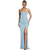 Cudiew Satin Mermaid Prom Dresses for Women Pleated Corset Bodycon Slit Formal Evening Party Dress