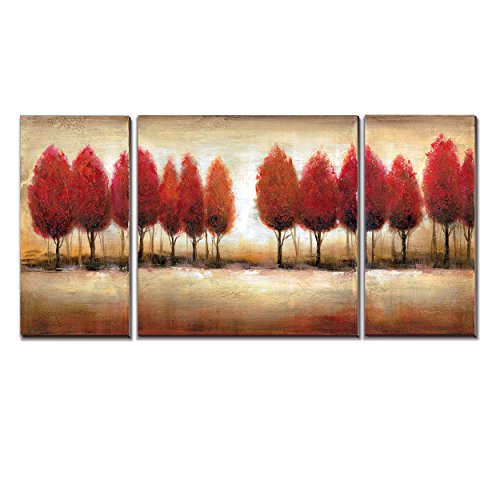 Landscape Red Tree Painting on Canvas for Home Office Decorations cubism-3 Panels Canvas Prints Modern Artwork , Stretched- Ready to hang!