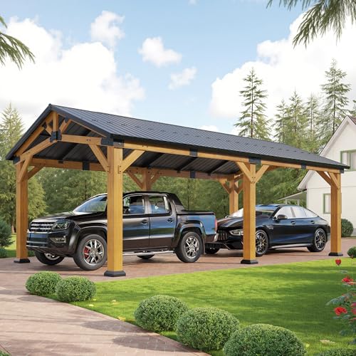 Jocisland 12'x24' Cedar Wood Hardtop Gazebo with Steel Roof, Waterproof Outdoor Carport Pavilion, Heavy-Duty Snow & Wind Resistant Canopy for Patio, Driveway, Garden