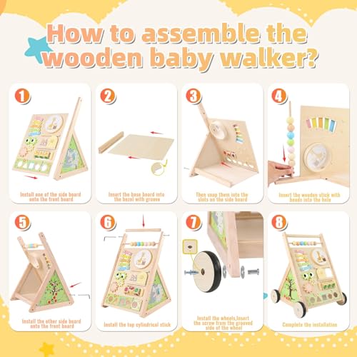 Multifunctional Wooden Baby Walker with Wheels, Montessori Early Educational Activity Center, Sit to Stand Learning Walker Toy with Shape Sorter Xylophone for Toddlers